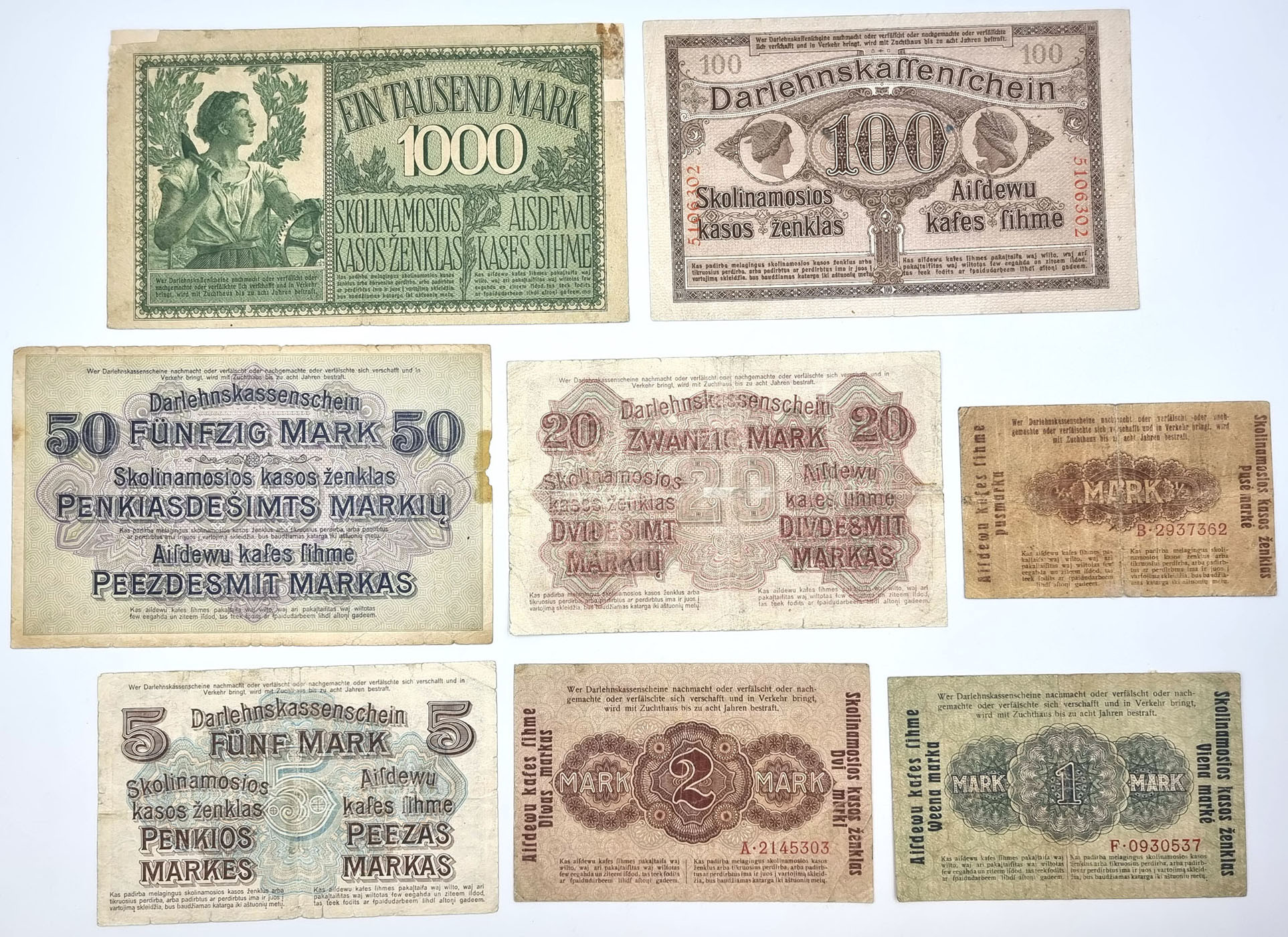 Polska OST. 1/2 – 1.000 marek 1918, Kowno, zestaw 8 banknotów